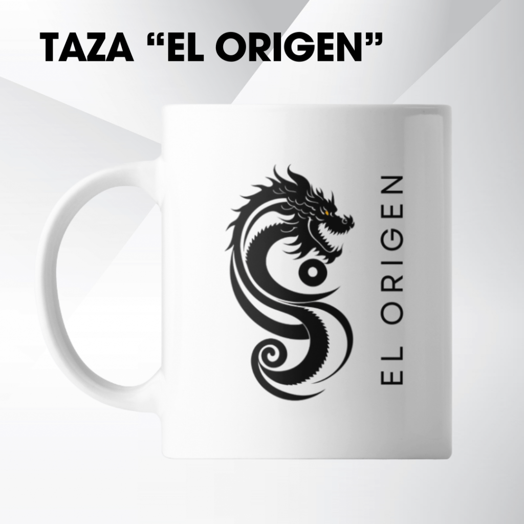 Taza blanca con el logotipo del dragón y el texto El Origen, merchandising oficial de El Gremio de los Dragones