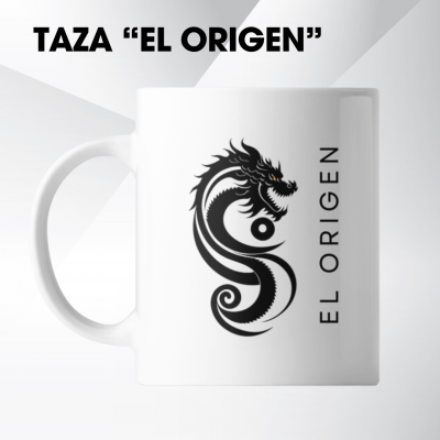 Taza blanca con el logotipo del dragón y el texto El Origen, merchandising oficial de El Gremio de los Dragones