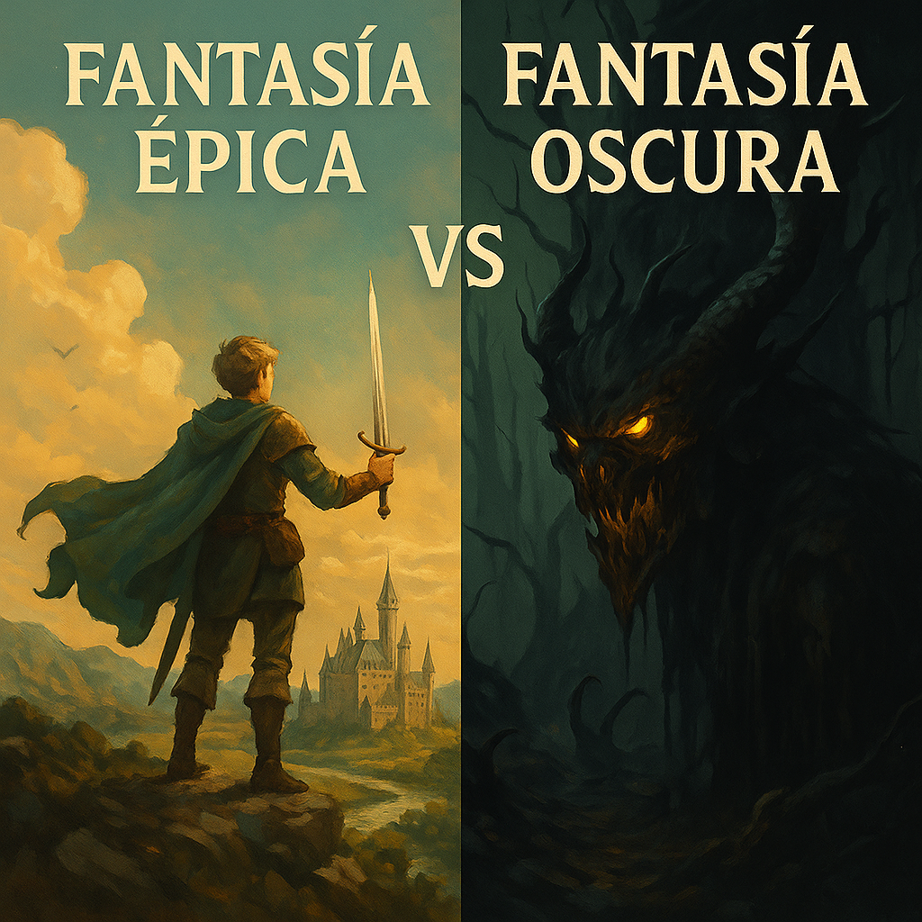 Comparación visual entre fantasía épica y fantasía oscura representada por dos guerreros en mundos opuestos.