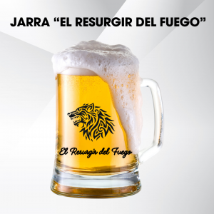 Jarra de cerveza con espuma y el emblema del lobo de El Resurgir del Fuego impreso en negro.