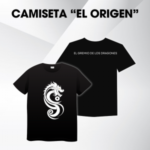 Camiseta negra con el emblema del dragón de El Origen en el pecho y texto "El Gremio de los Dragones" en la espalda.