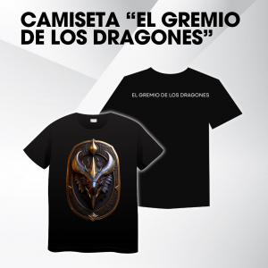 Camiseta negra con escudo dorado y cabeza de dragón en el pecho y texto “El Gremio de los Dragones” en la espalda.