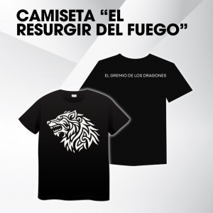Camiseta negra con diseño tribal de lobo blanco y texto en la espalda “El Gremio de los Dragones”.