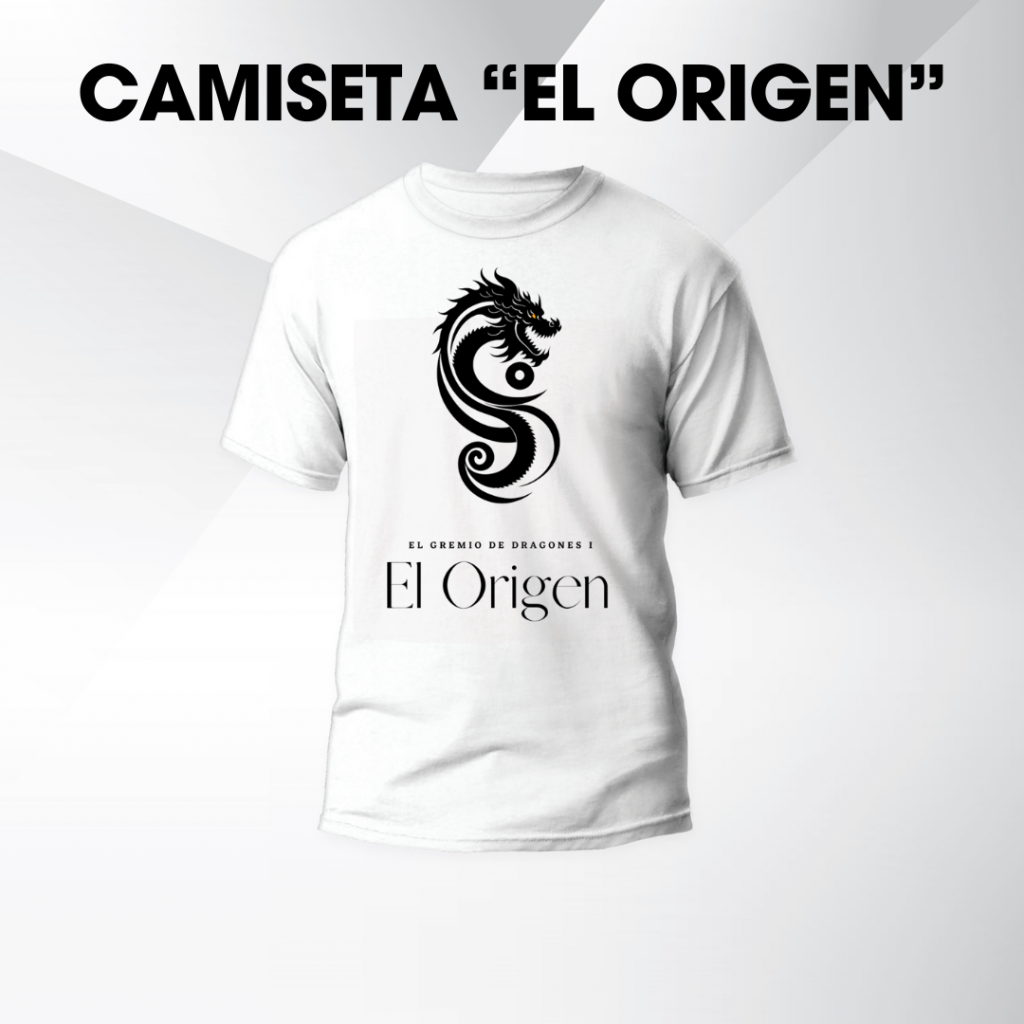 Camiseta blanca El Origen con logo del Gremio de los Dragones