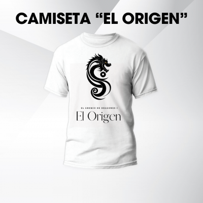 Camiseta blanca El Origen con logo del Gremio de los Dragones
