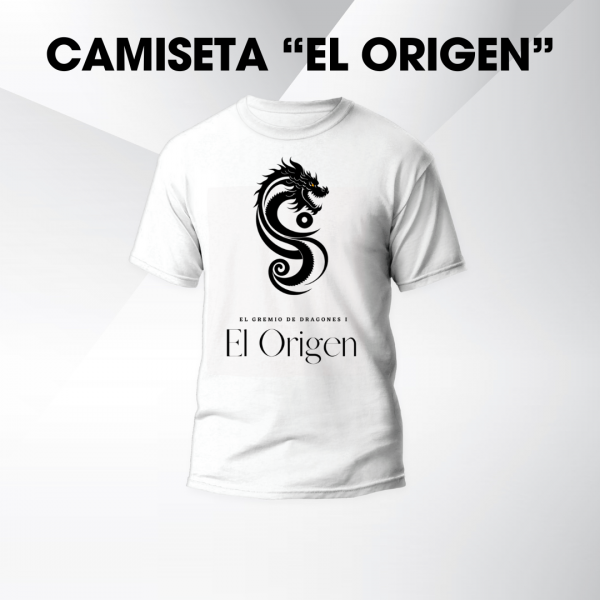 Camiseta blanca El Origen con logo del Gremio de los Dragones