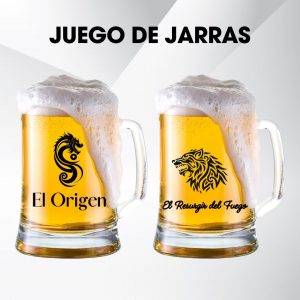 Juego de jarras de cerveza personalizadas con los diseños de El Origen y El Resurgir del Fuego de la saga El Gremio de los Dragones.