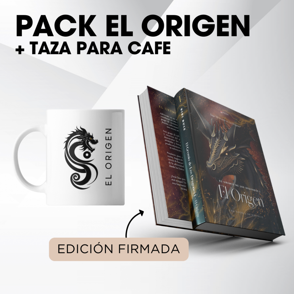 Pack del libro El Gremio de los Dragones I – El Origen con taza de café personalizada y opción de edición firmada