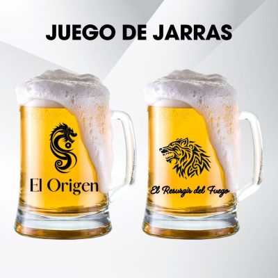 Juego de jarras de cerveza personalizadas con los diseños de El Origen y El Resurgir del Fuego de la saga El Gremio de los Dragones.