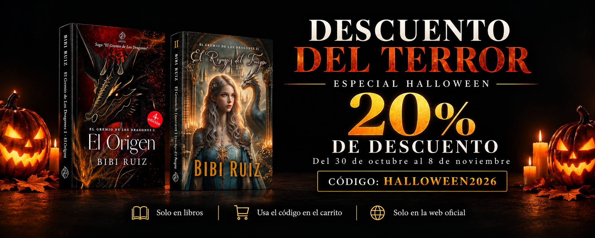 Descuento de Halloween del 20% en libros de El Gremio de los Dragones. Código HALLOWEEN2026. Del 30 de octubre al 8 de noviembre.