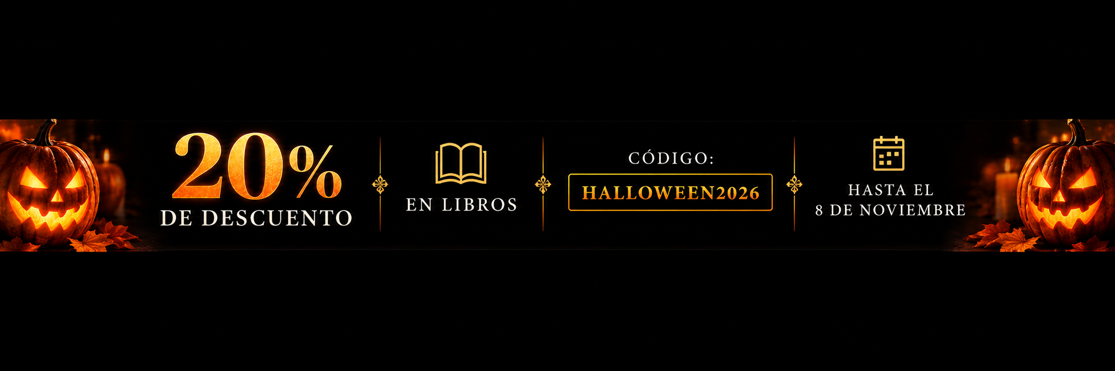 20% de descuento en libros. Código HALLOWEEN2026. Hasta el 8 de noviembre.